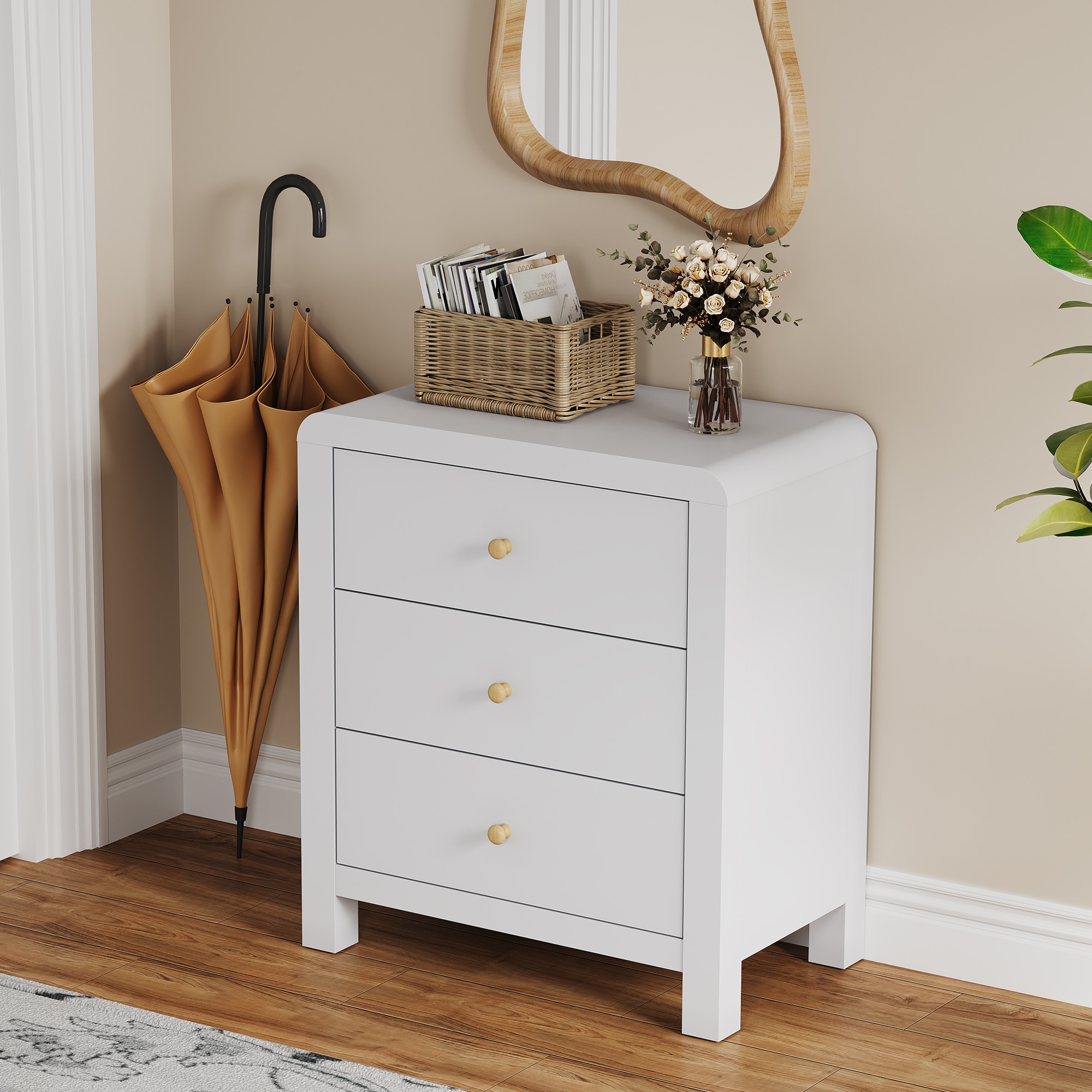 3 Drawer Dresser With Rounded Table Corners, Modern Chest Of Drawers, Large Nightstand Side Table, Wood Storage Dressers Organizer For Bedroom, Living Room, Entryway, White/Natural Wood_maomaolike.com